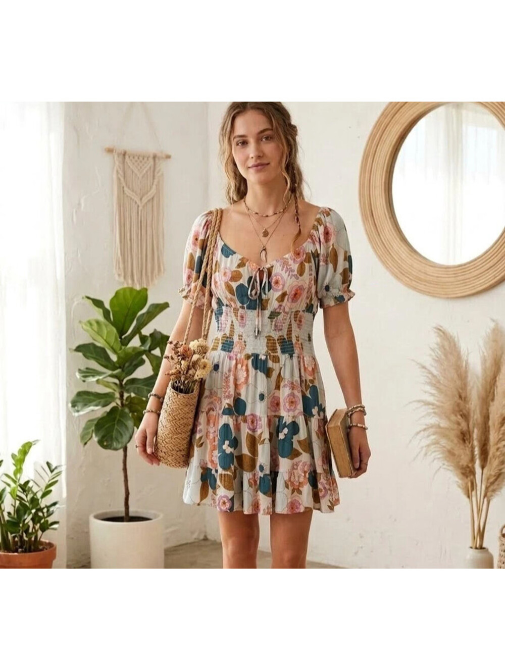 Angie Dress Large Floral Smocked Babydoll Mini Flowy Festival Y2K Boho Cottage